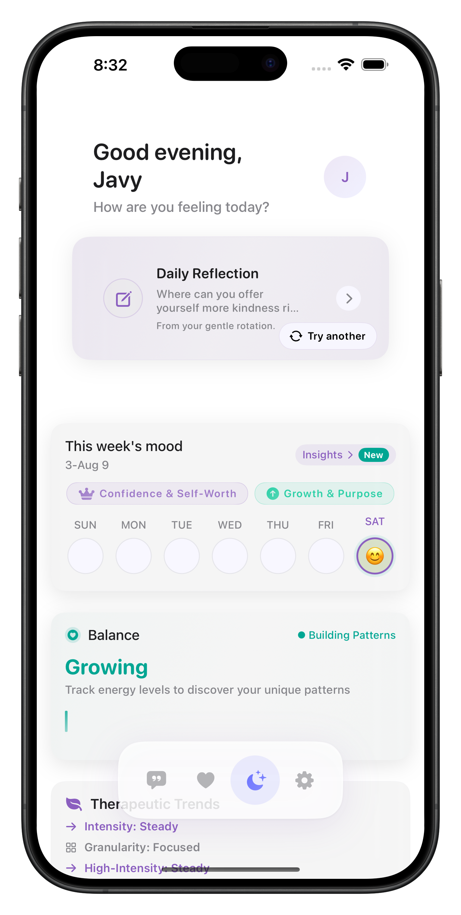 AffirmHer dashboard and insights with weekly patterns and trends