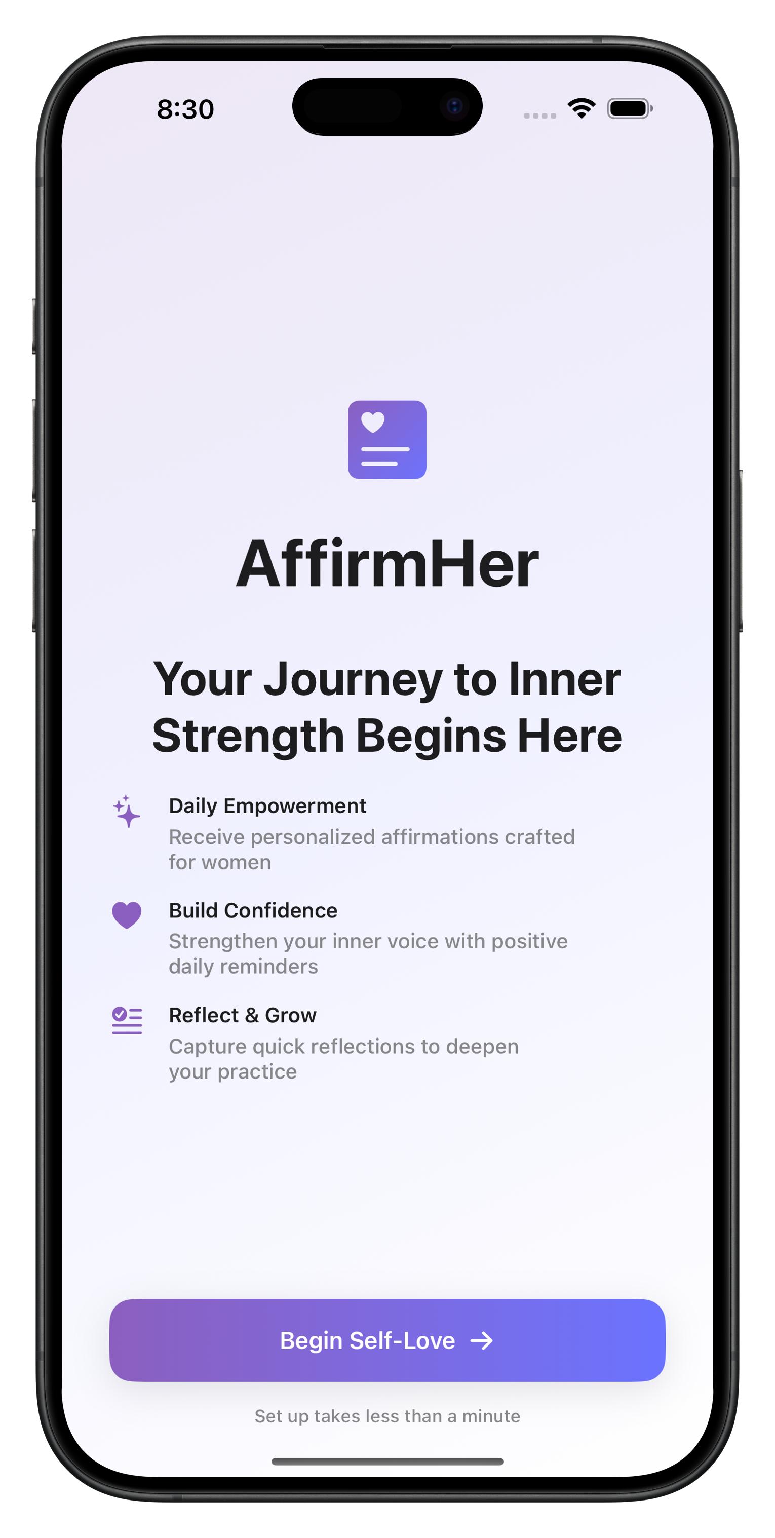 AffirmHer app screenshot showing daily affirmations interface